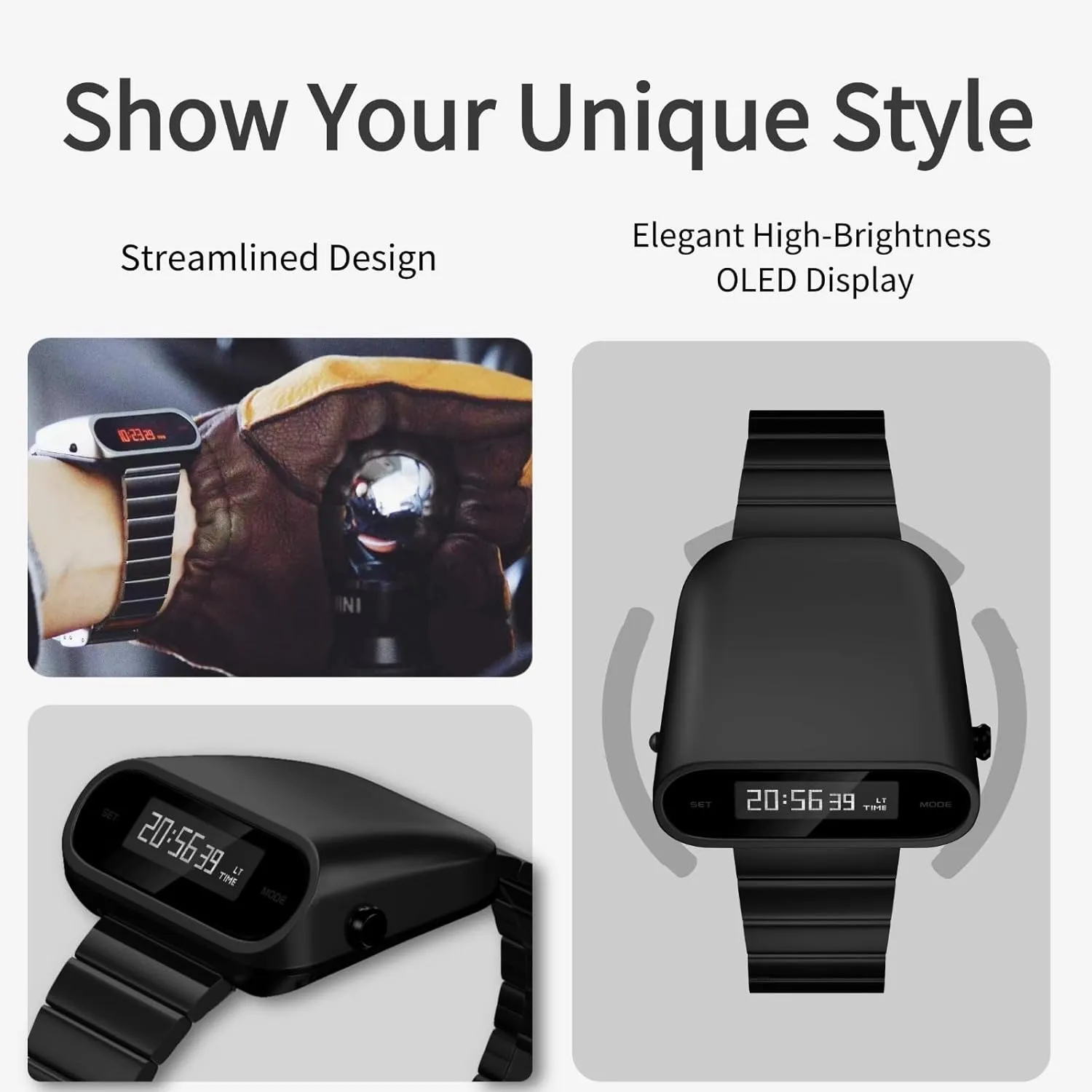 Unique Metal Watch, OLED Display Men Digital Watches, Lift-to-Wake Screen, Stainless Steel Strap