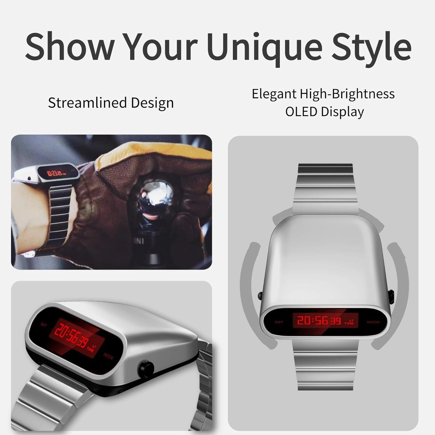 Unique Metal Watch, OLED Display Men Digital Watches, Lift-to-Wake Screen, Stainless Steel Strap