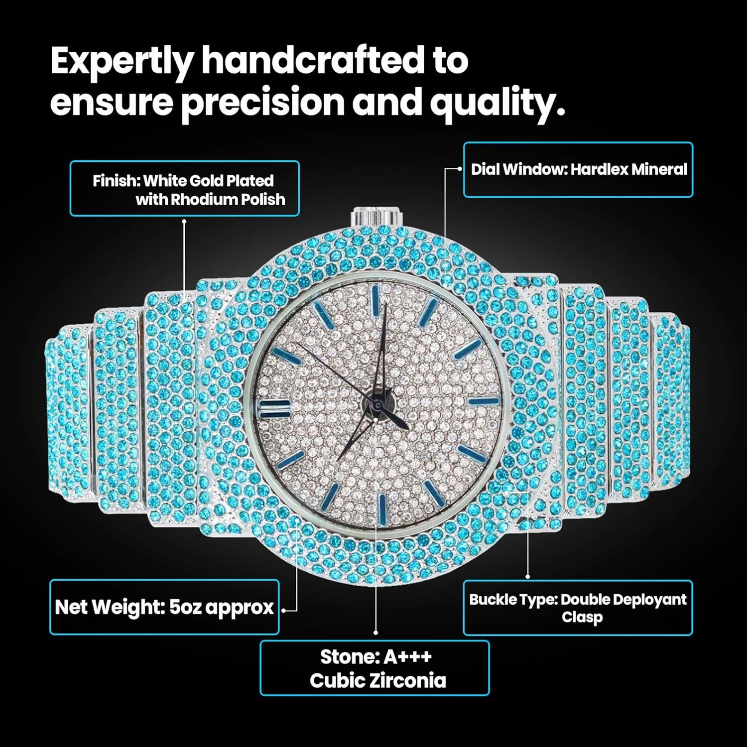 Unisex Full Iced Bling Out Luxury Fashion Lab Diamond CZ Round Quartz Movement White Gold Plated Celebrity Party Pink Watch - Gift Box