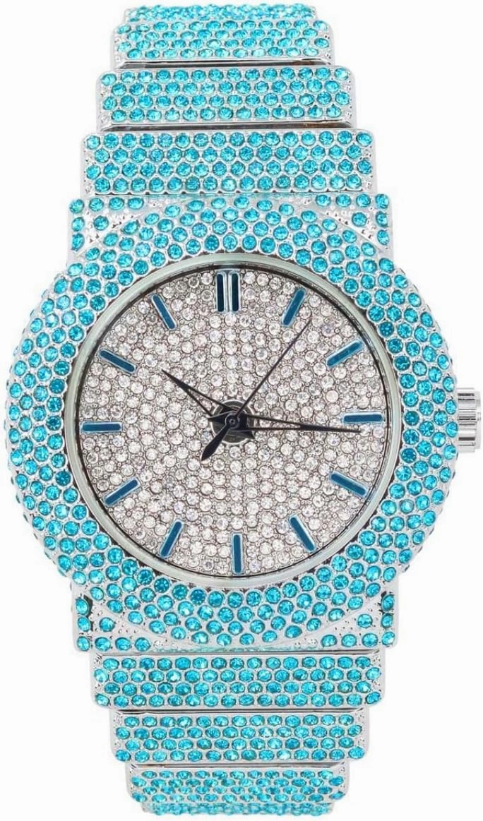 Unisex Full Iced Bling Out Luxury Fashion Lab Diamond CZ Round Quartz Movement White Gold Plated Celebrity Party Pink Watch - Gift Box