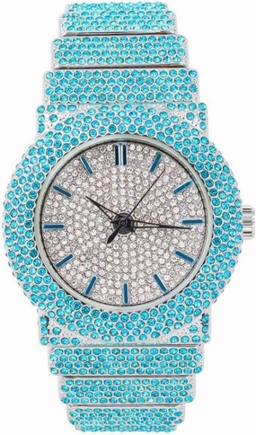 Unisex Full Iced Bling Out Luxury Fashion Lab Diamond CZ Round Quartz Movement White Gold Plated Celebrity Party Pink Watch - Gift Box