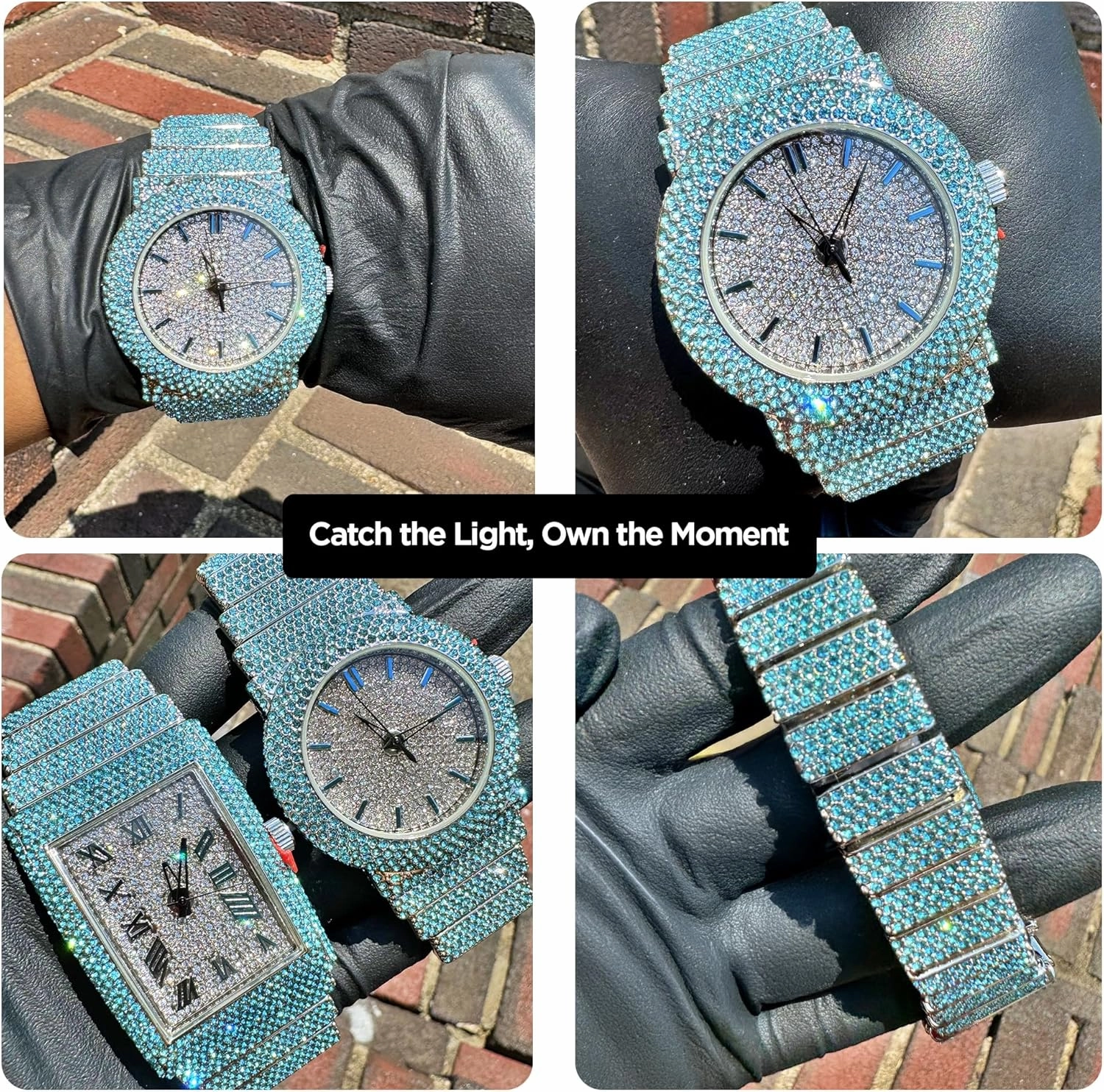 Unisex Full Iced Bling Out Luxury Fashion Lab Diamond CZ Round Quartz Movement White Gold Plated Celebrity Party Pink Watch - Gift Box
