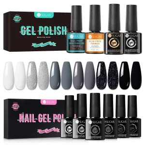 UR SUGAR Black White Gel Nail Polish Set and 4 Pcs Nail Dehydrator Nail Primer Base and Top Coat 6 Colors Black White Grey Gel Polish Glitter Nail Polish Set Soak Off Gel Nail Manicure Gifts