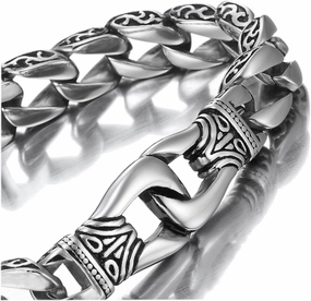 Urban Jewelry Men’s Stainless Steel Link Bracelet – 9-Inch Heavy 0.5” Wide Chain – Silver/Black or Gold/Black – Chain Option – Bold Design – Gift Box Included