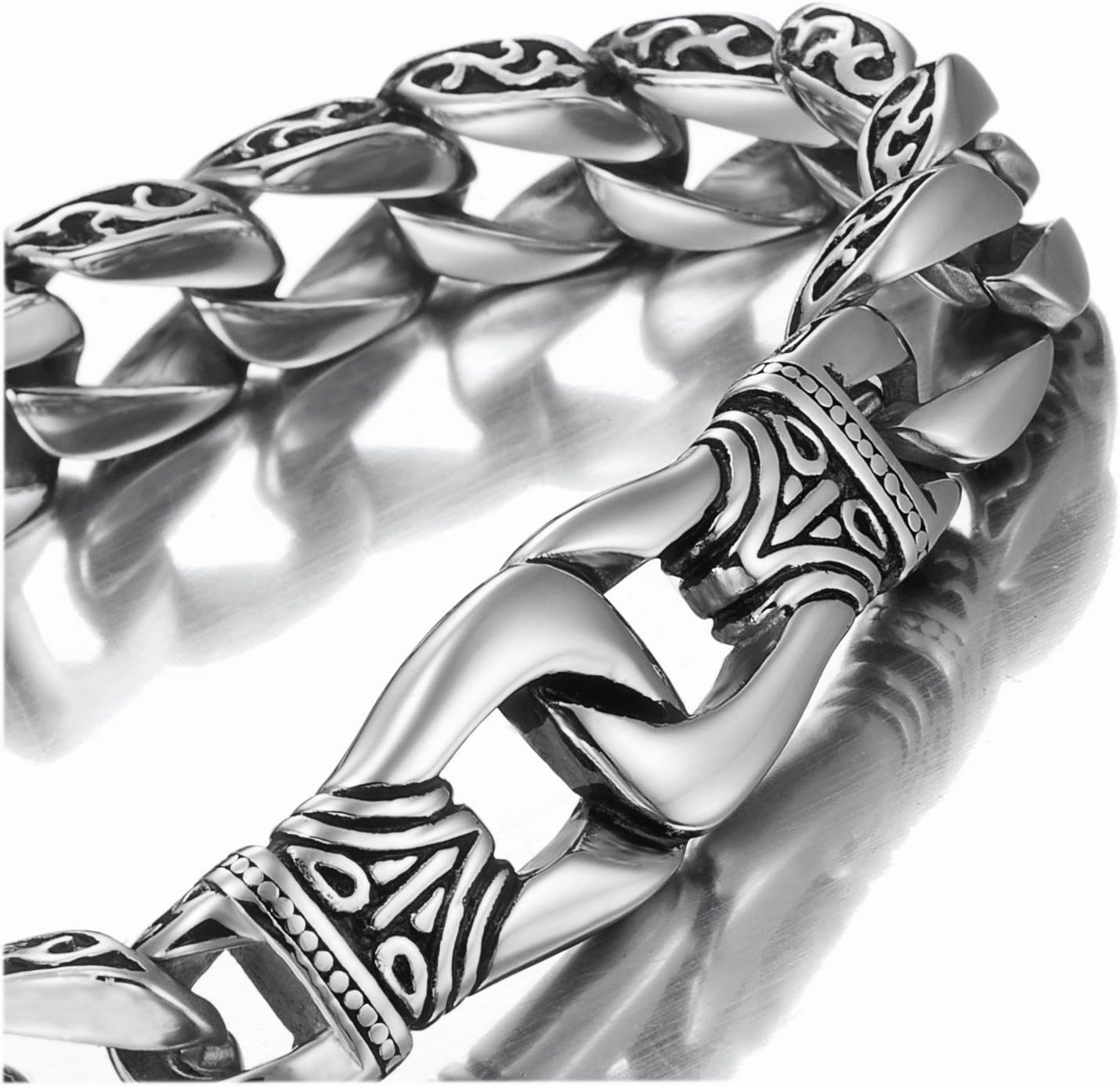 Urban Jewelry Men’s Stainless Steel Link Bracelet – 9-Inch Heavy 0.5” Wide Chain – Silver/Black or Gold/Black – Chain Option – Bold Design – Gift Box Included