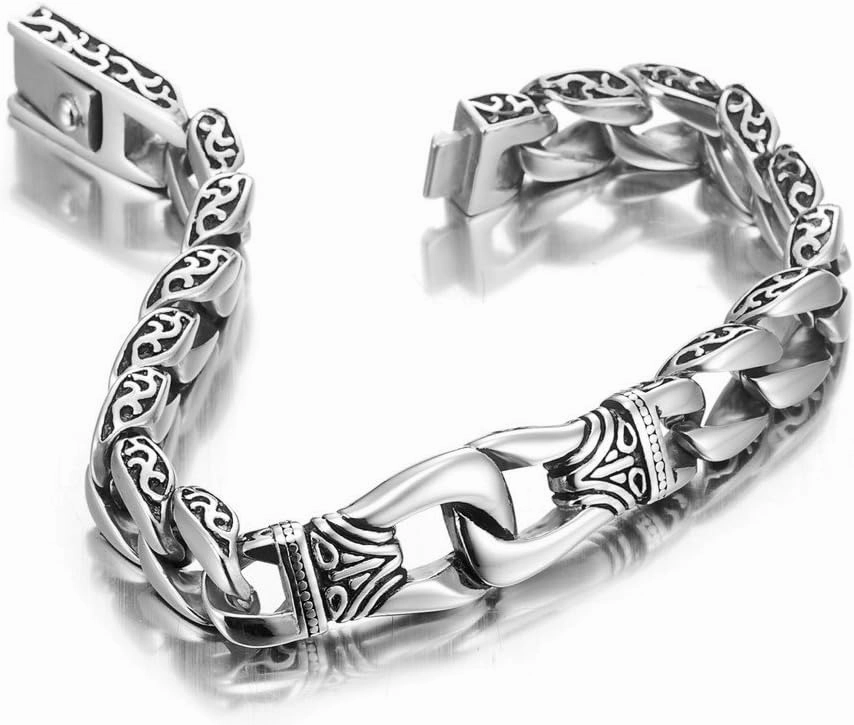 Urban Jewelry Men’s Stainless Steel Link Bracelet – 9-Inch Heavy 0.5” Wide Chain – Silver/Black or Gold/Black – Chain Option – Bold Design – Gift Box Included