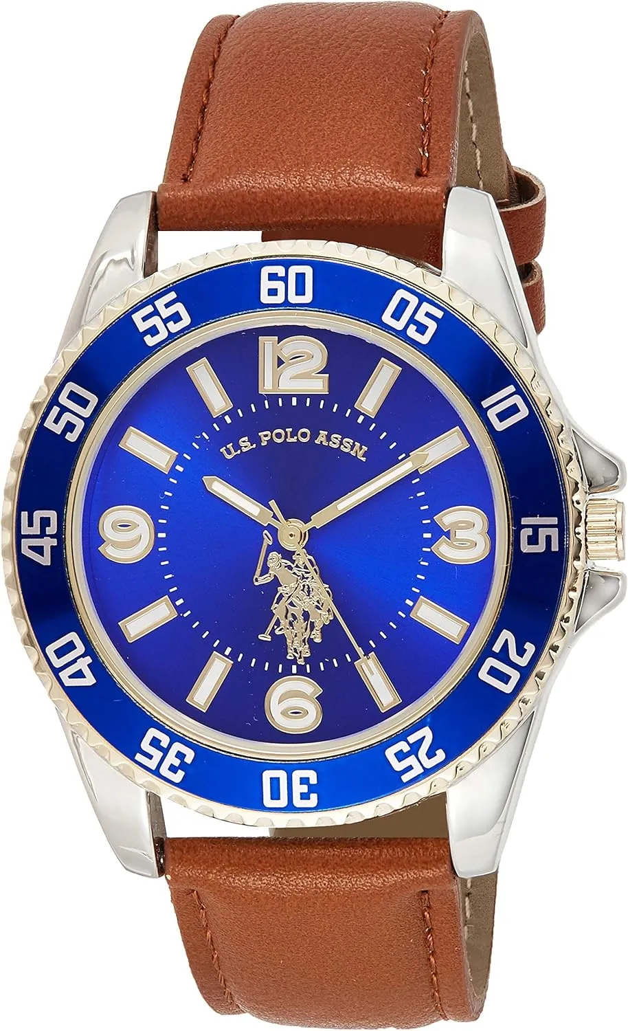 U.S. Polo Assn. Men's Brown Leather Strap Watch with Blue Dial and Silver-Tone Case – Analog Quartz Timepiece with Sport Bezel Accent Box Included Fits Wrists 5.5"-8"