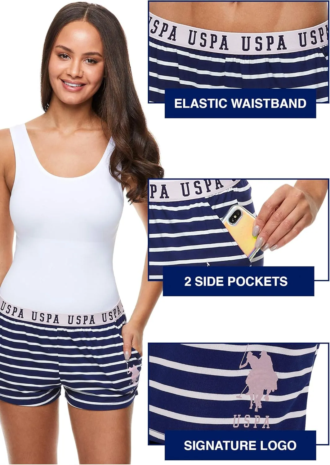 U.S. Polo Assn. Womens 3 Pack Elastic Waistband Pajama Sleep Shorts-Lounge