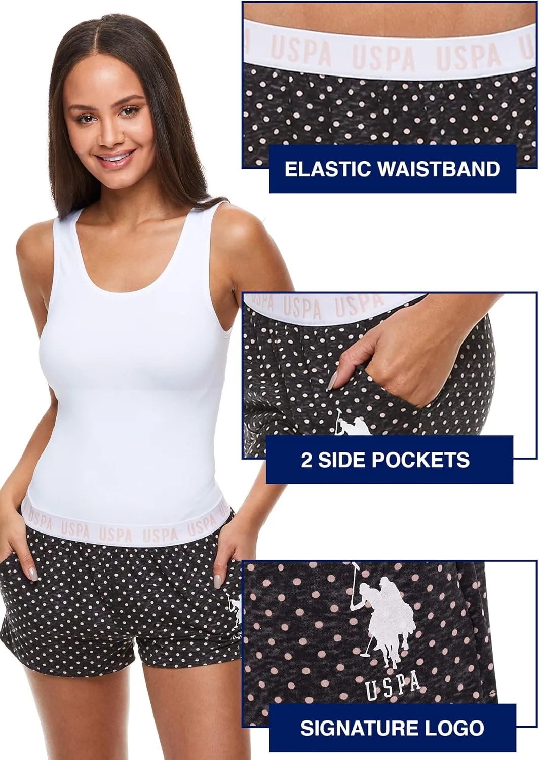 U.S. Polo Assn. Womens 3 Pack Elastic Waistband Pajama Sleep Shorts-Lounge
