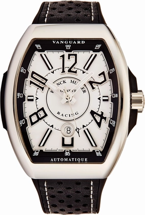 Vanguard Racing Mens Stainless Steel Automatic Watch - Tonneau White Face with Luminous Hands, Date and Sapphire Crystal - Black Leather/Rubber Strap Swiss Made Watch V 45 SC Racing WHT