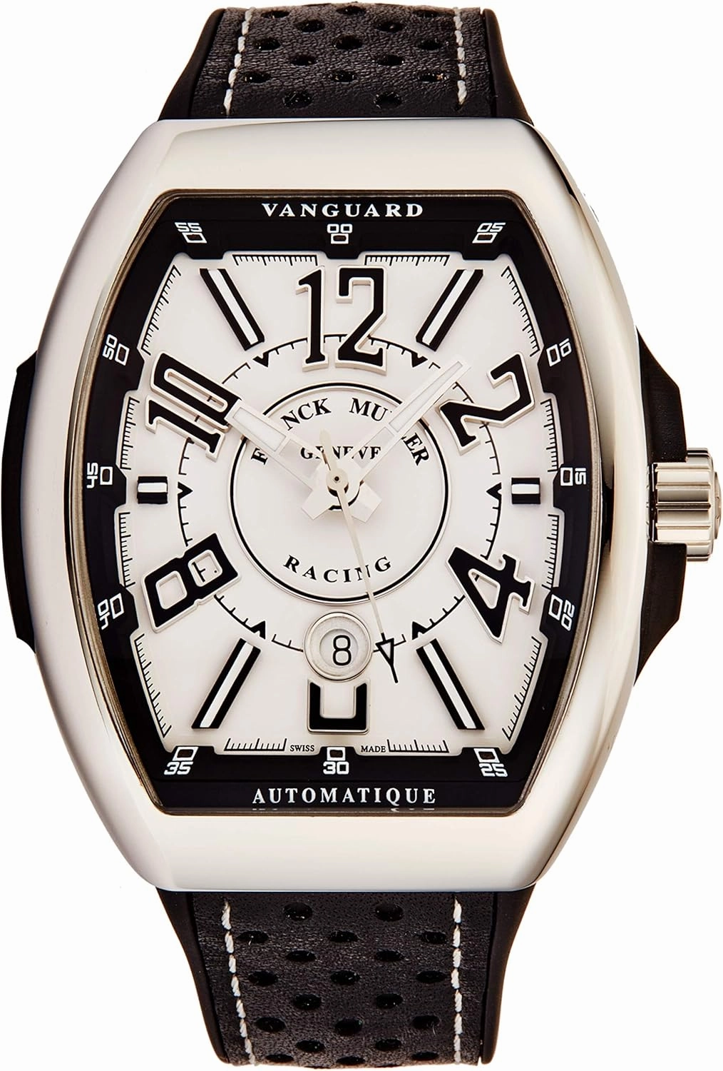 Vanguard Racing Mens Stainless Steel Automatic Watch - Tonneau White Face with Luminous Hands, Date and Sapphire Crystal - Black Leather/Rubber Strap Swiss Made Watch V 45 SC Racing WHT