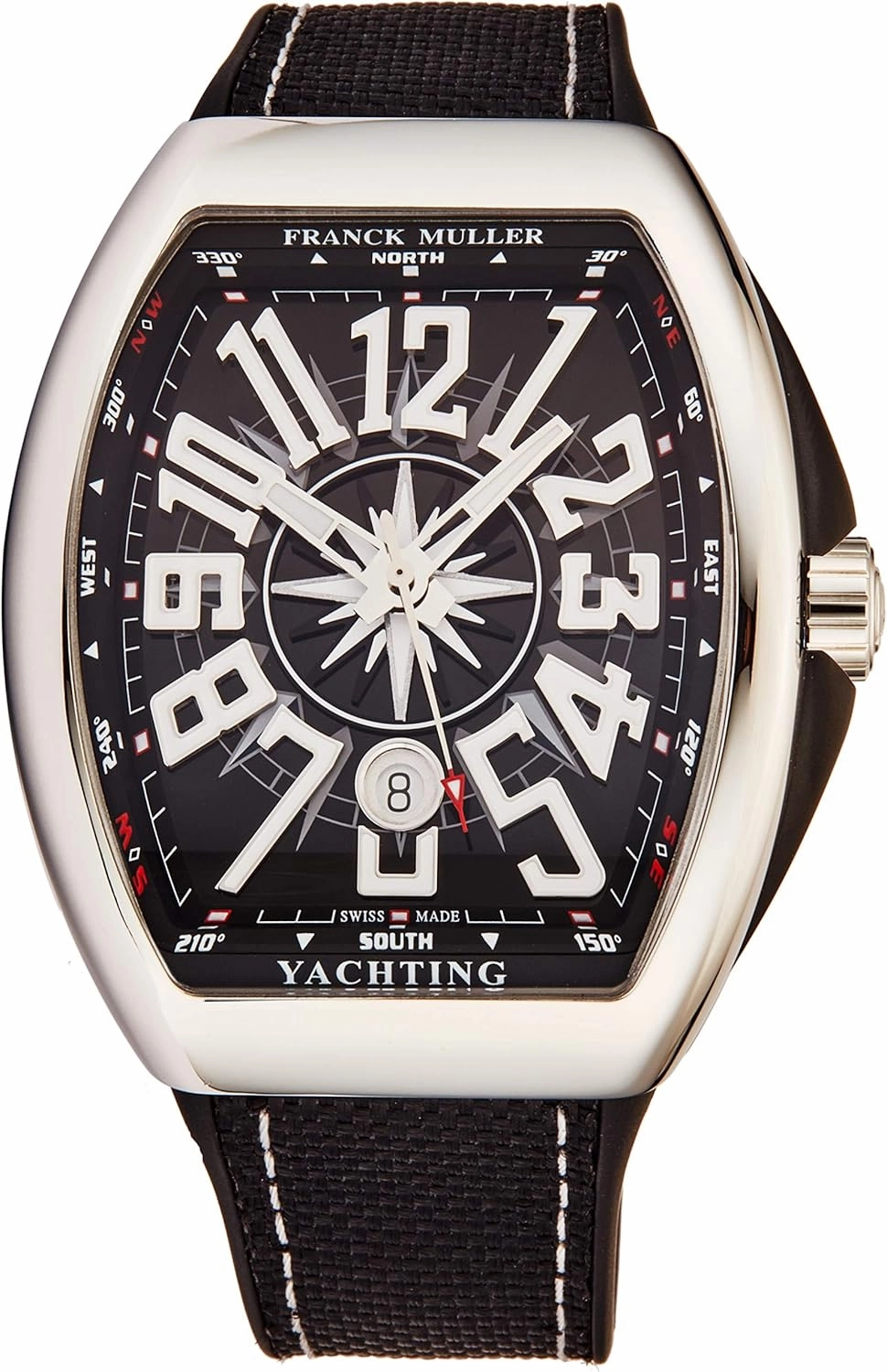 Vanguard Yachting Mens Stainless Steel Automatic Watch - Tonneau Black Face with Luminous Hands, Date and Sapphire Crystal - Black Fabric/Rubber Strap Swiss Made Watch V 45 SC Yacht BLK