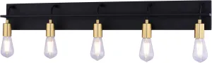 VAXCEL Seward Park 5 Light Industrial Bathroom Vanity Fixture with Full Backplate, Black and Satin Gold Brass Finish, Easy Installation