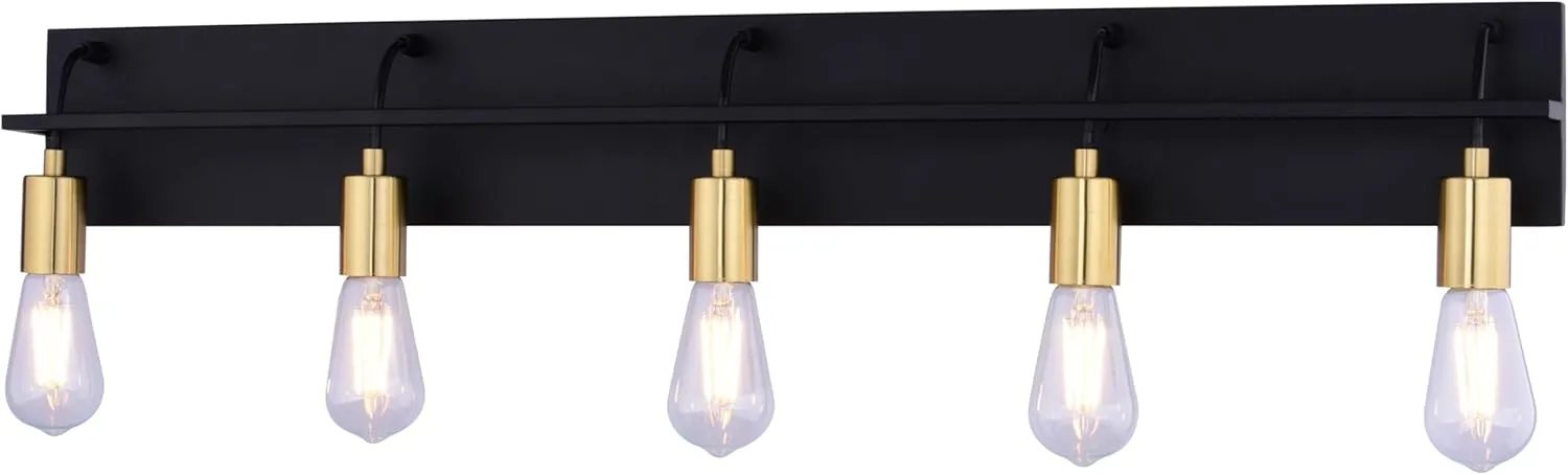 VAXCEL Seward Park 5 Light Industrial Bathroom Vanity Fixture with Full Backplate, Black and Satin Gold Brass Finish, Easy Installation