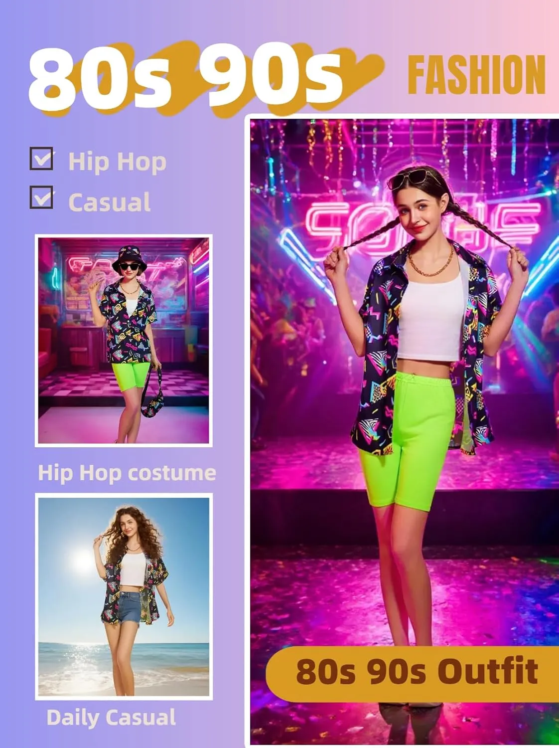Verceco 80s 90s Outfits for Women Unisex Hip Hop Women Costume Accessory Sets Retro 90s Themed Party Outfits 7PC