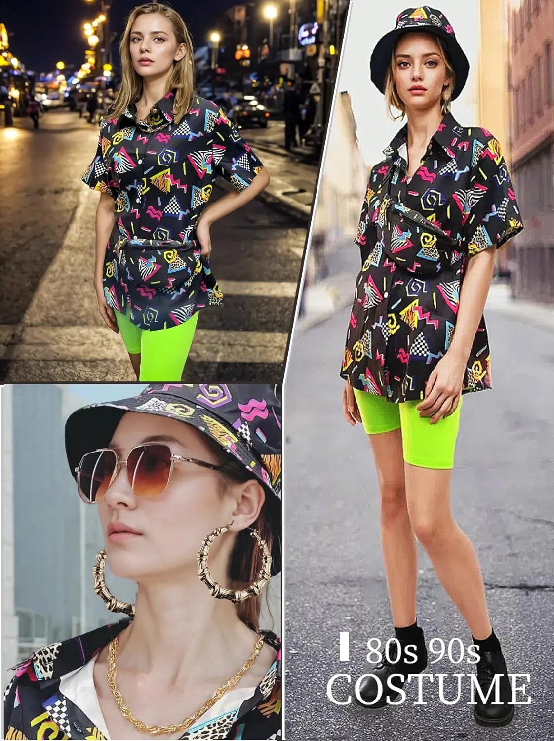 Verceco 80s 90s Outfits for Women Unisex Hip Hop Women Costume Accessory Sets Retro 90s Themed Party Outfits 7PC