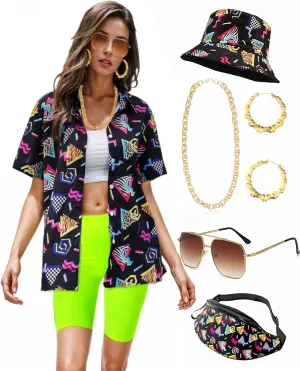 Verceco 80s 90s Outfits for Women Unisex Hip Hop Women Costume Accessory Sets Retro 90s Themed Party Outfits 7PC