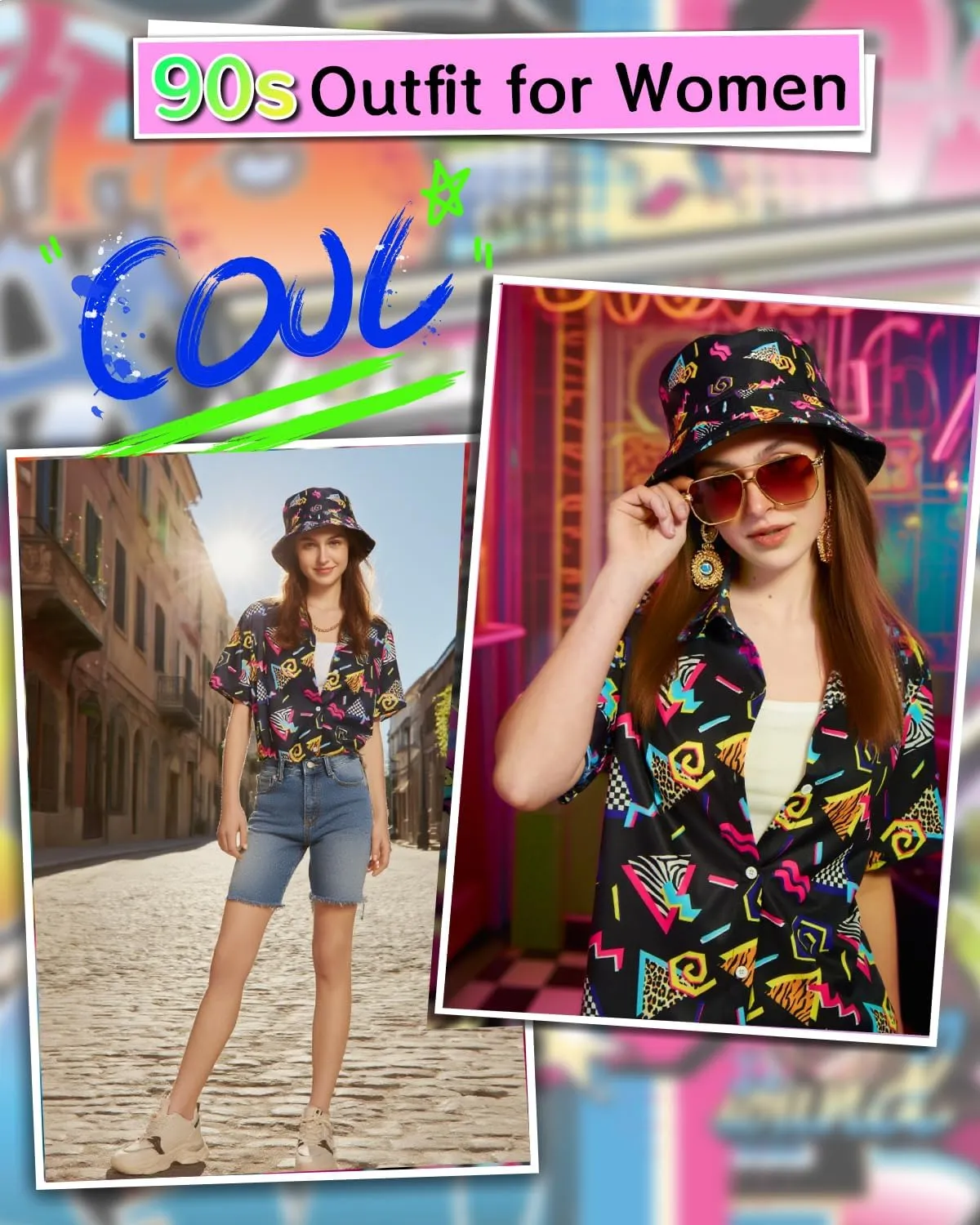 Verceco 80s 90s Outfits for Women Unisex Hip Hop Women Costume Accessory Sets Retro 90s Themed Party Outfits 7PC