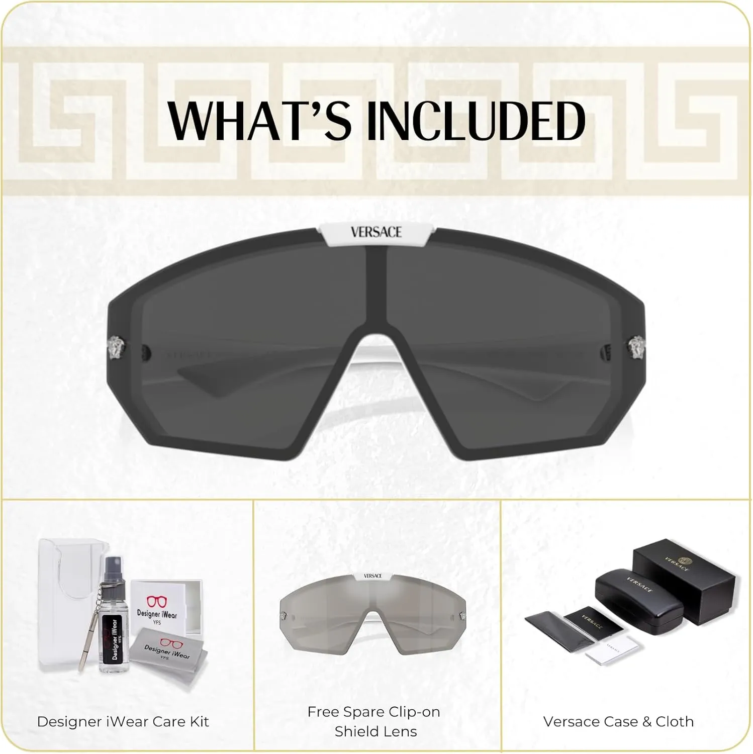 Versace VE4461 Shield Sunglasses for Men for Women  FREE SPARE Clip on Shield Lens  BUNDLE With Designer iWear Eyewear Kit