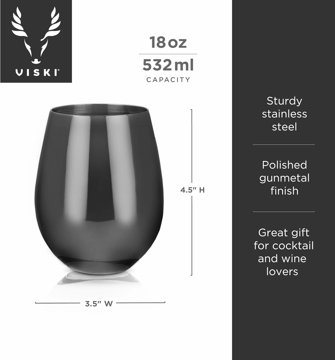 Viski Gunmetal Wine Glasses, Stemless Wine Glass Set, Stainless Steel with Black Finish, 18 Ounces, Set of 2, Black