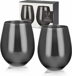 Viski Gunmetal Wine Glasses, Stemless Wine Glass Set, Stainless Steel with Black Finish, 18 Ounces, Set of 2, Black
