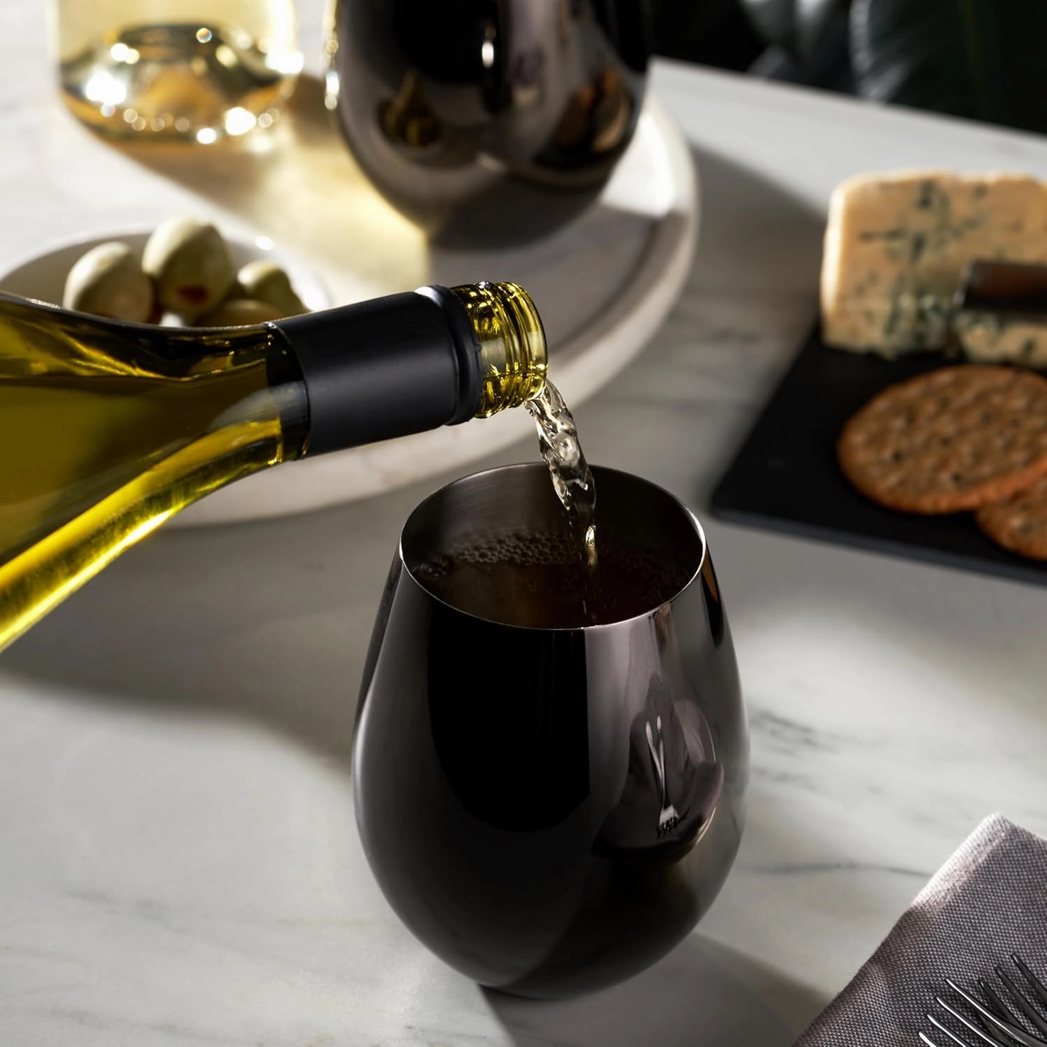 Viski Gunmetal Wine Glasses, Stemless Wine Glass Set, Stainless Steel with Black Finish, 18 Ounces, Set of 2, Black