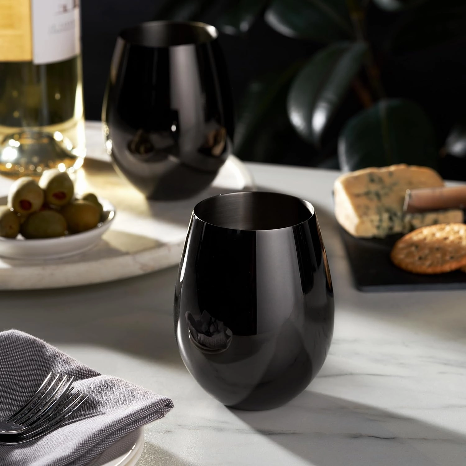 Viski Gunmetal Wine Glasses, Stemless Wine Glass Set, Stainless Steel with Black Finish, 18 Ounces, Set of 2, Black