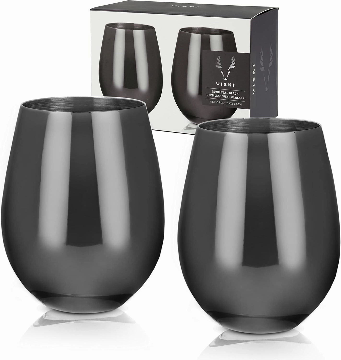 Viski Gunmetal Wine Glasses, Stemless Wine Glass Set, Stainless Steel with Black Finish, 18 Ounces, Set of 2, Black