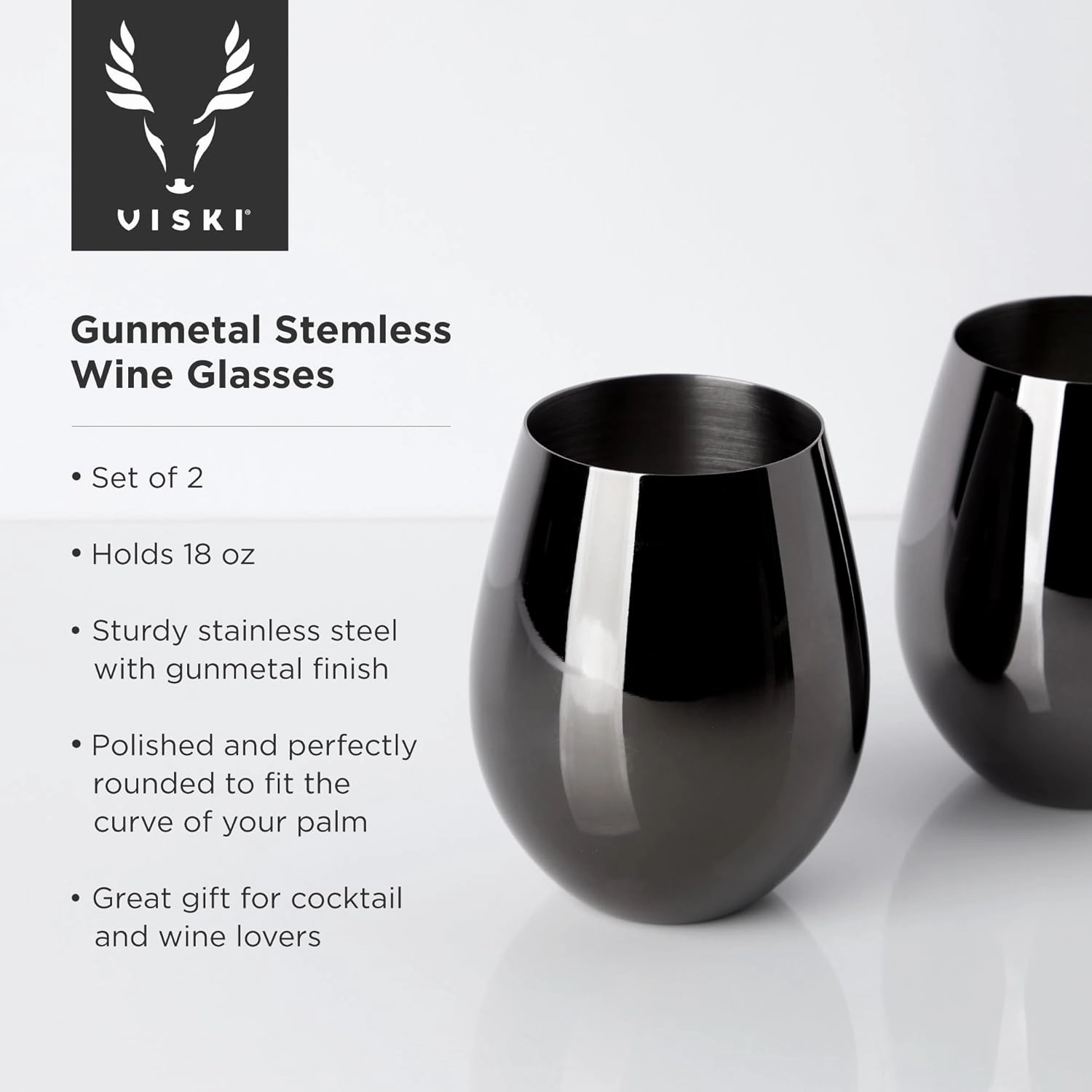 Viski Gunmetal Wine Glasses, Stemless Wine Glass Set, Stainless Steel with Black Finish, 18 Ounces, Set of 2, Black