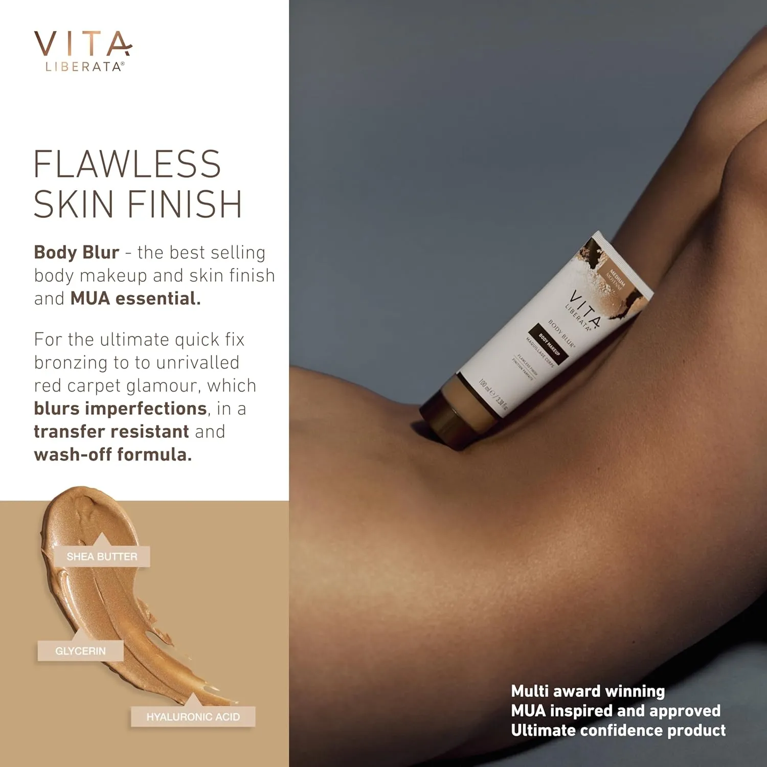 Vita Liberata Body Blur, Leg and Body Makeup. Skin Perfecting Body Foundation for Flawless Bronze, Easy Application, Radiant Glow, Evens Skin Tone, New Packaging
