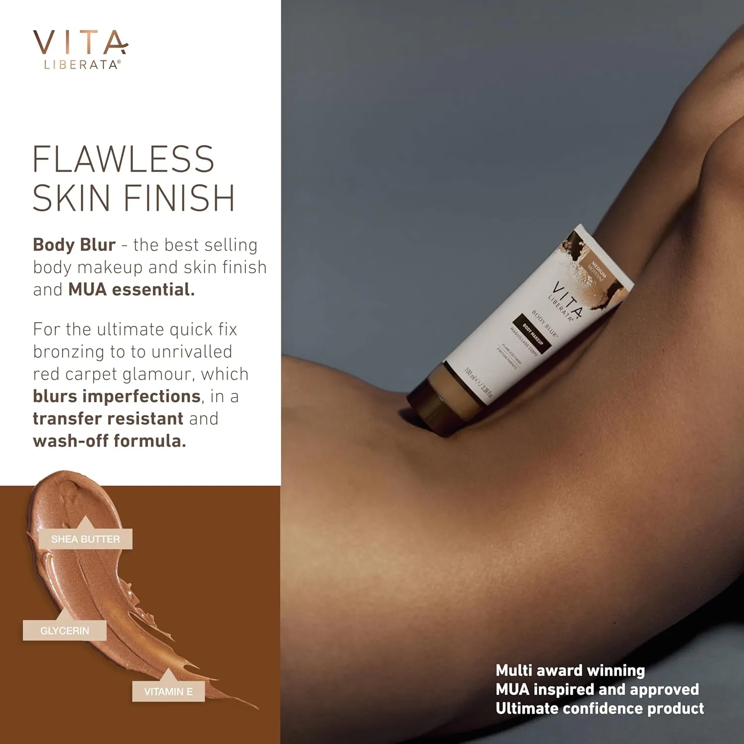 Vita Liberata Body Blur, Leg and Body Makeup. Skin Perfecting Body Foundation for Flawless Bronze, Easy Application, Radiant Glow, Evens Skin Tone, New Packaging