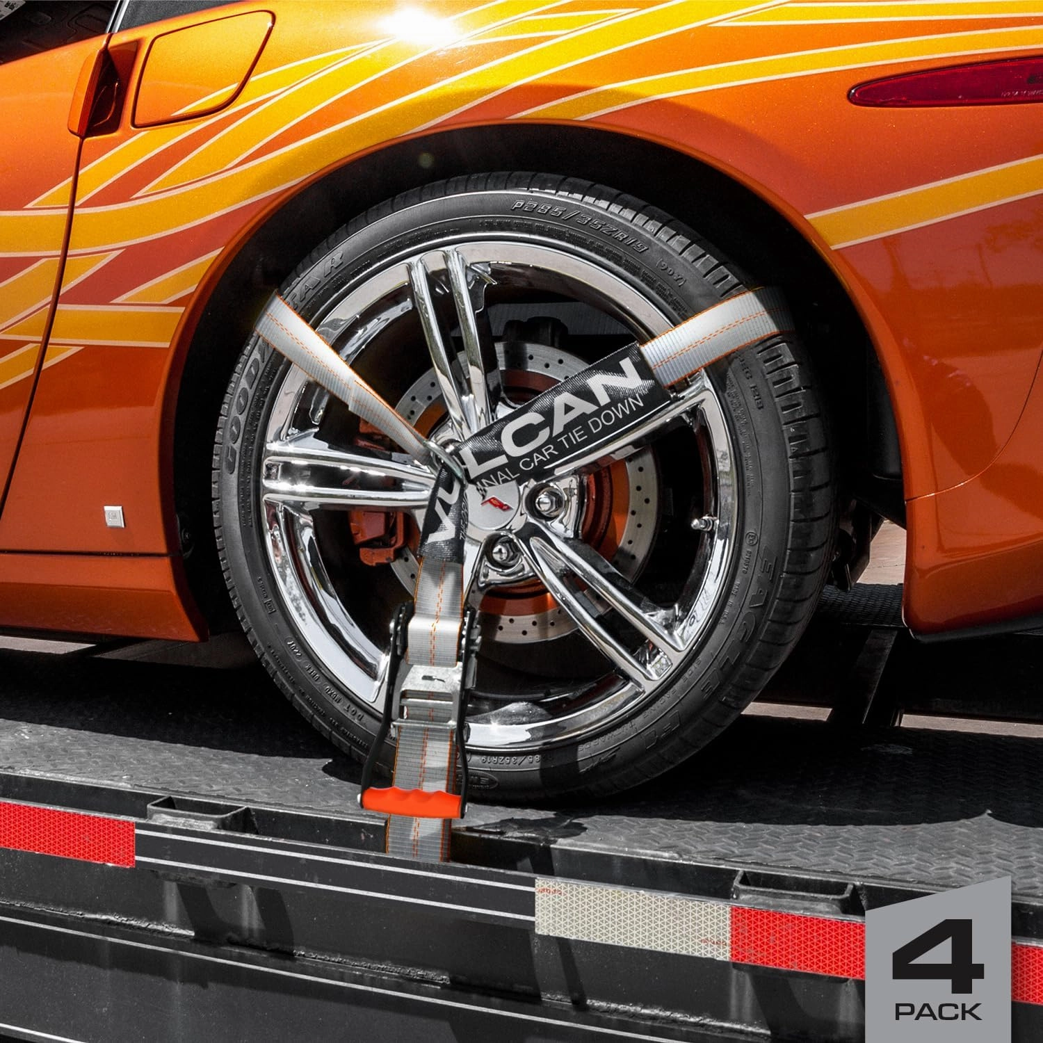 VULCAN Car Tie Down with Snap Hooks - Lasso Style - 2 Inch x 96 Inch, 4 Pack - Silver Series - 3,300 Pound Safe Working Load