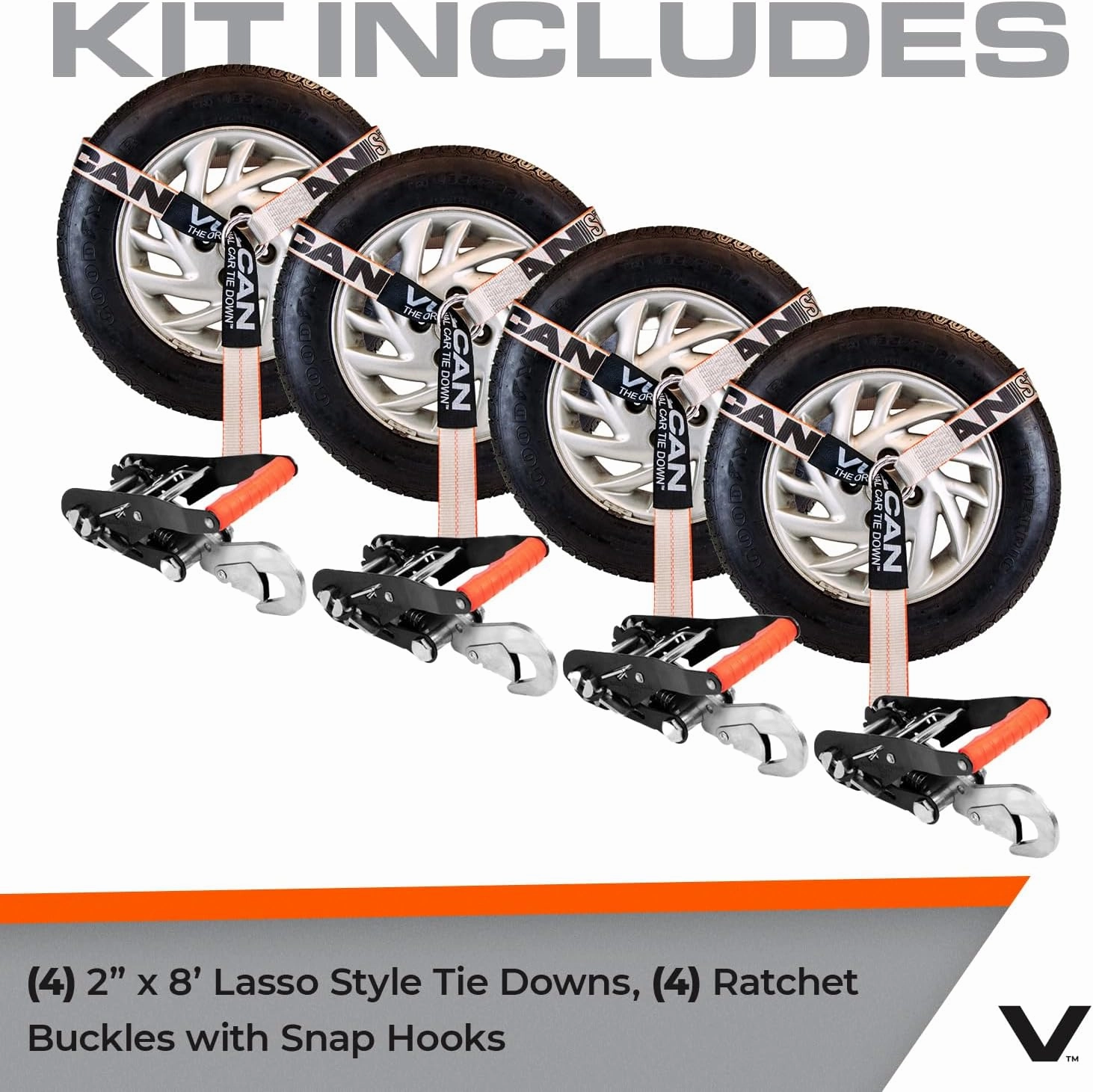 VULCAN Car Tie Down with Snap Hooks - Lasso Style - 2 Inch x 96 Inch, 4 Pack - Silver Series - 3,300 Pound Safe Working Load