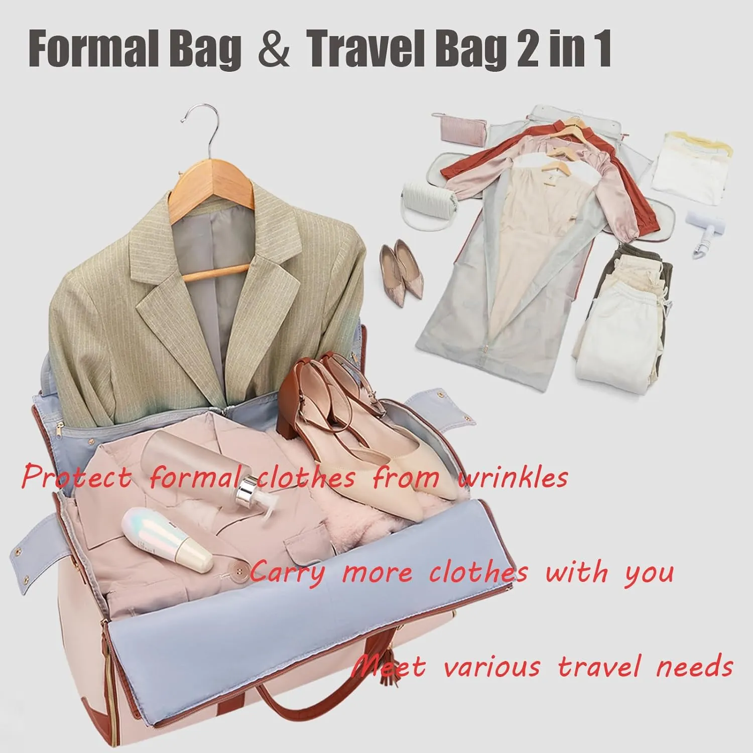 Waterproof Luxe Mega Bag Travel Carry On, PU Leather Luxe Travel Bags for Women, Convertible Garment Bags for Travel for Women (Pink With pulley)