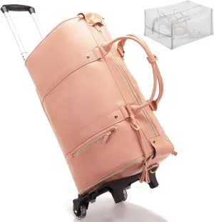 Waterproof Luxe Mega Bag Travel Carry On, PU Leather Luxe Travel Bags for Women, Convertible Garment Bags for Travel for Women (Pink With pulley)