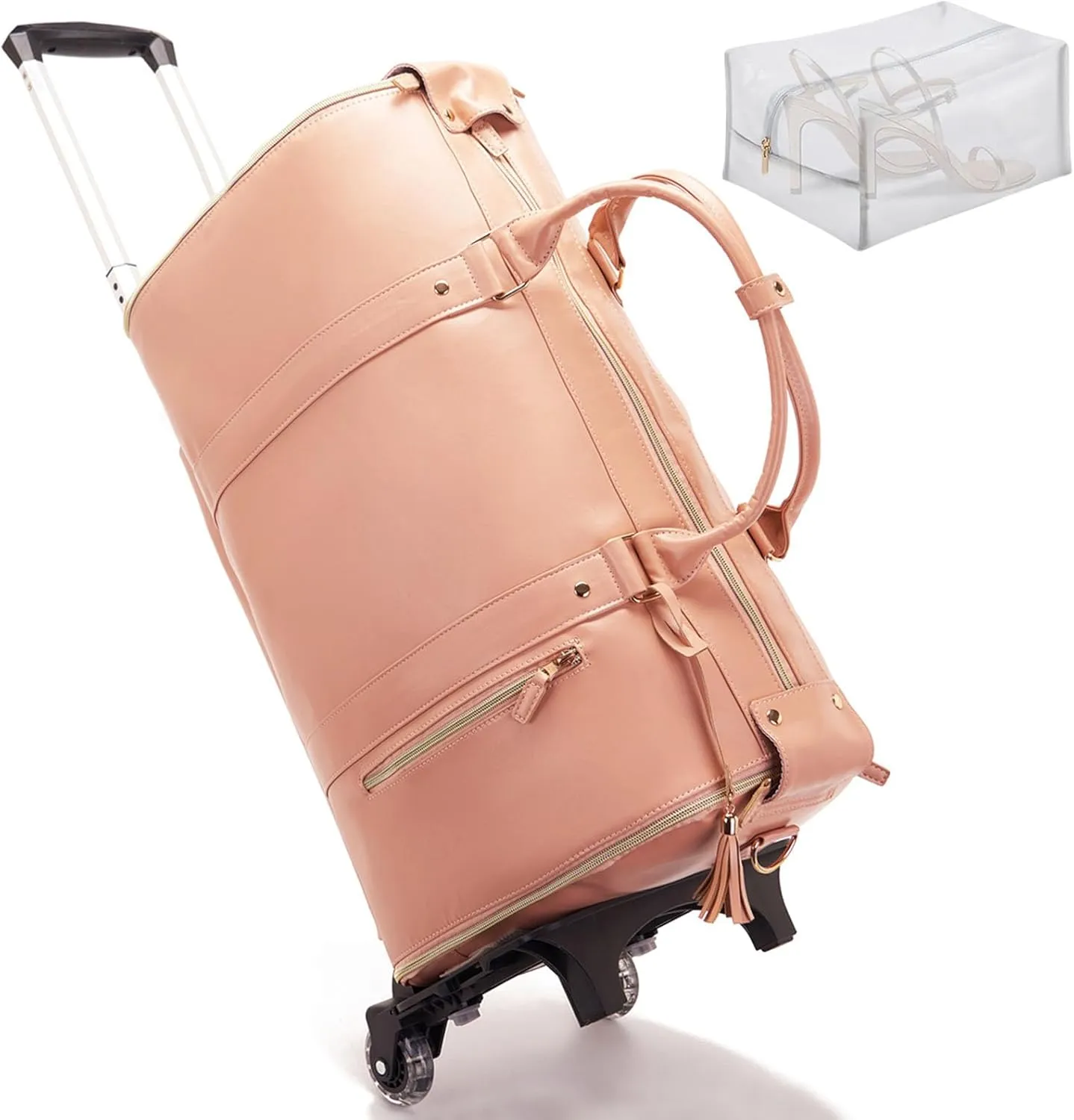 Waterproof Luxe Mega Bag Travel Carry On, PU Leather Luxe Travel Bags for Women, Convertible Garment Bags for Travel for Women (Pink With pulley)