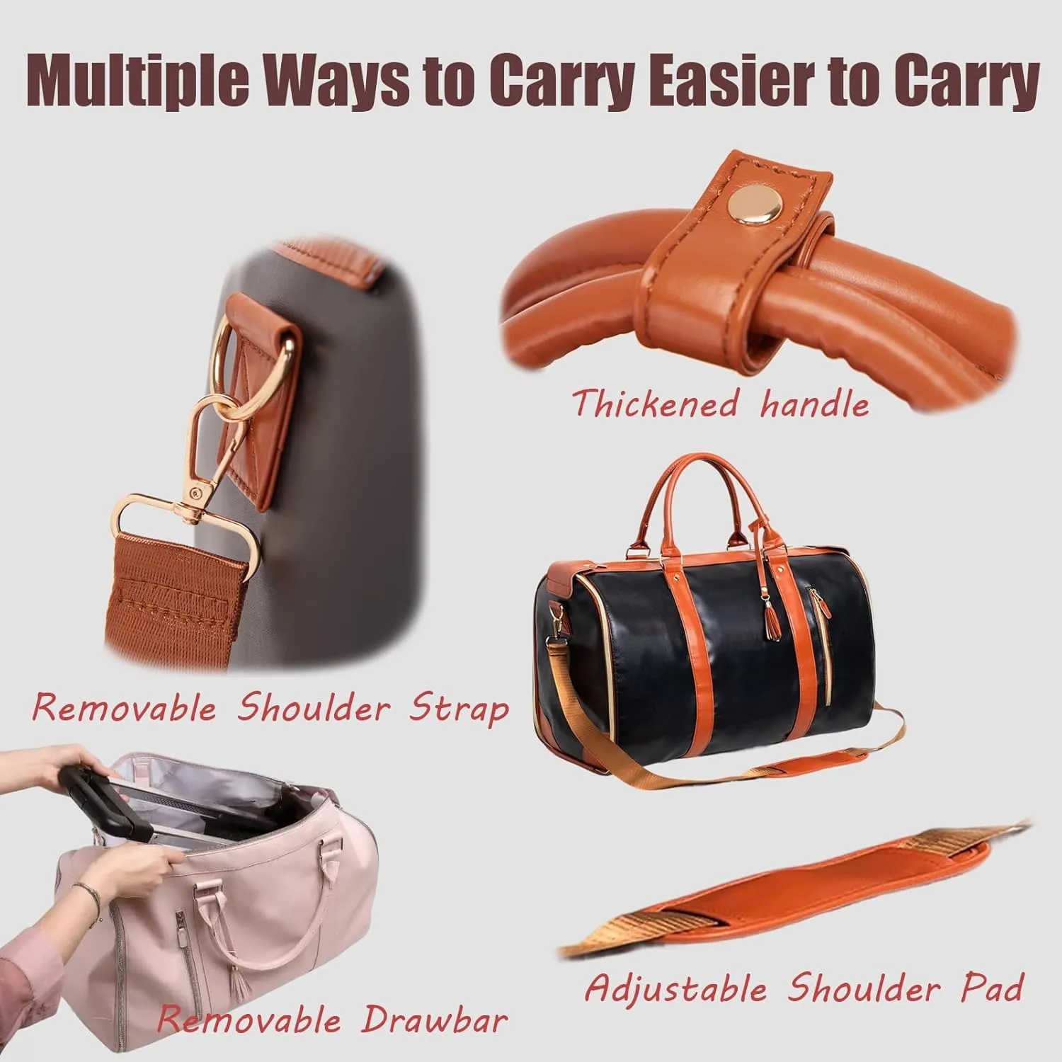 Waterproof Luxe Mega Bag Travel Carry On, PU Leather Luxe Travel Bags for Women, Convertible Garment Bags for Travel for Women (Pink With pulley)