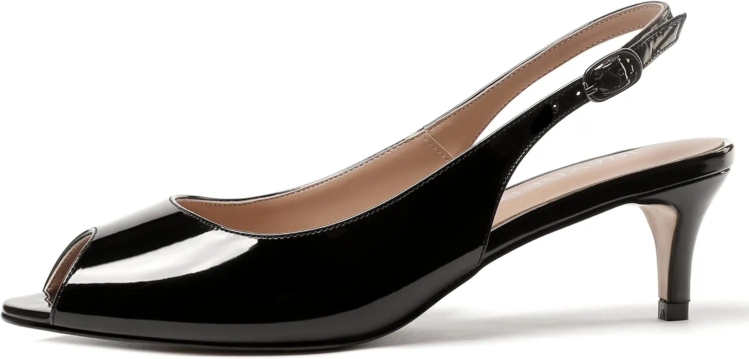 WAYDERNS Women's Peep Toe Patent Slingback Ankle Strap Kitten Low Heel Pumps Ladies Cute Dress Shoes 2 Inch