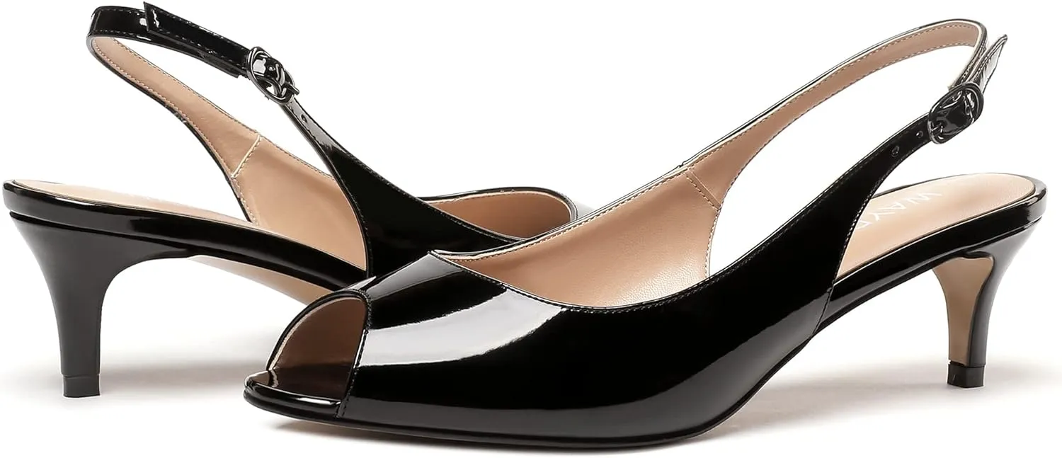 WAYDERNS Women's Peep Toe Patent Slingback Ankle Strap Kitten Low Heel Pumps Ladies Cute Dress Shoes 2 Inch
