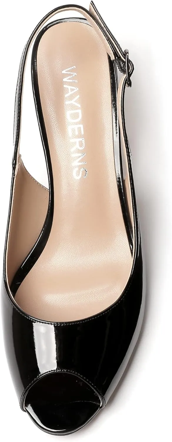 WAYDERNS Women's Peep Toe Patent Slingback Ankle Strap Kitten Low Heel Pumps Ladies Cute Dress Shoes 2 Inch