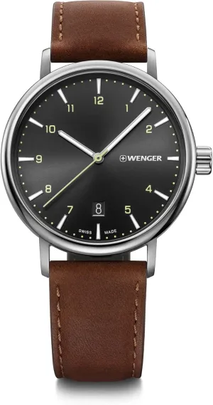 Wenger Men Analog Quartz Watch with Leather Strap 01.1731.115, Black/Silver/Brown, Strap.