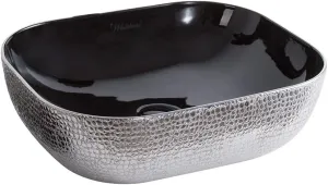 Whitehaus Isabella Plus Collection Rectangular Above Mount Basin with Embossed Exterior, Smooth Interior, Center Drain; No faucet hole; Color: Black/Silver