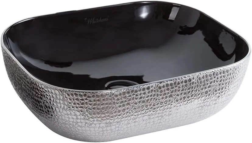 Whitehaus Isabella Plus Collection Rectangular Above Mount Basin with Embossed Exterior, Smooth Interior, Center Drain; No faucet hole; Color: Black/Silver