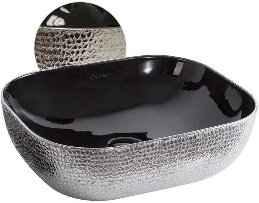 Whitehaus Isabella Plus Collection Rectangular Above Mount Basin with Embossed Exterior, Smooth Interior, Center Drain; No faucet hole; Color: Black/Silver