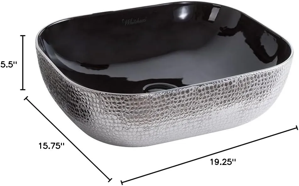 Whitehaus Isabella Plus Collection Rectangular Above Mount Basin with Embossed Exterior, Smooth Interior, Center Drain; No faucet hole; Color: Black/Silver