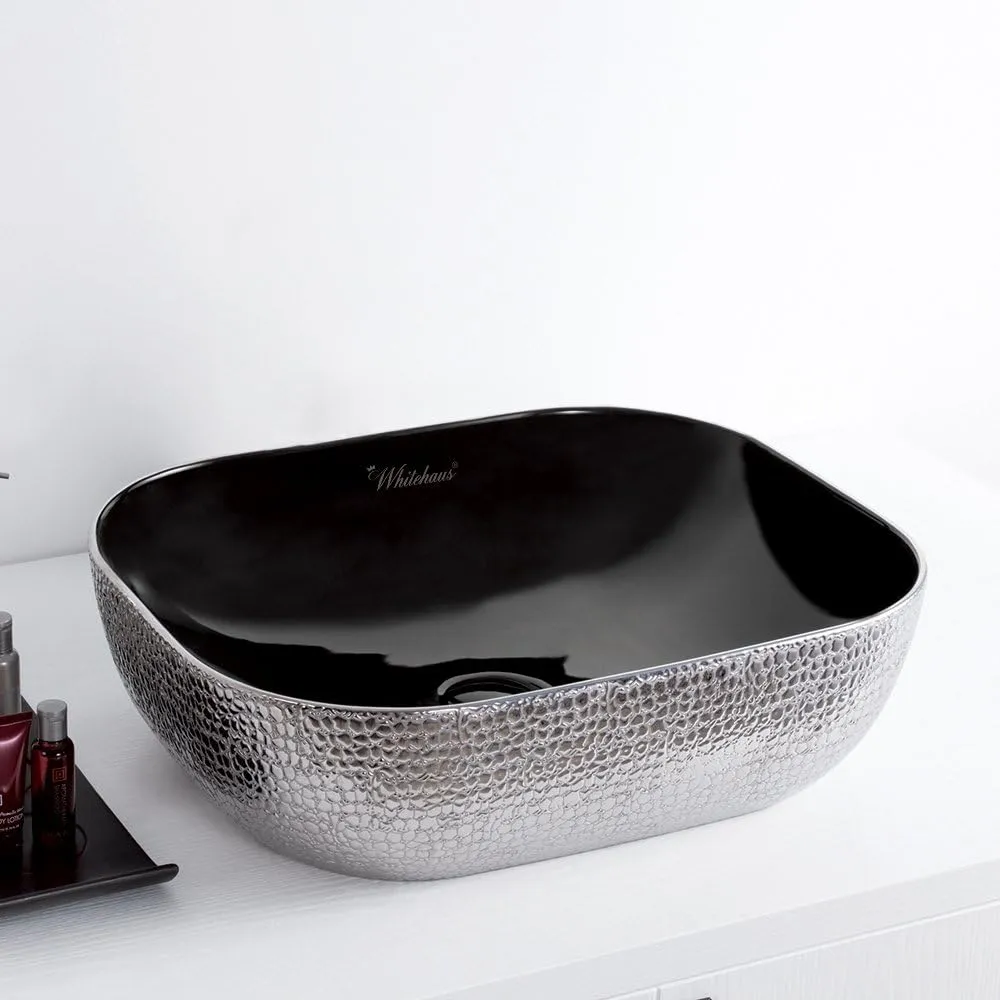 Whitehaus Isabella Plus Collection Rectangular Above Mount Basin with Embossed Exterior, Smooth Interior, Center Drain; No faucet hole; Color: Black/Silver