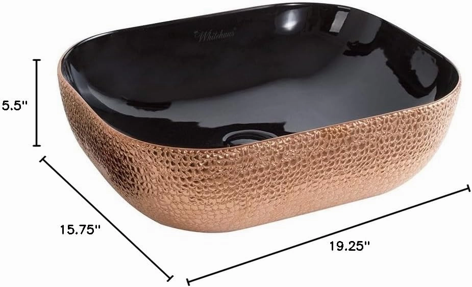 Whitehaus Isabella Plus Collection Rectangular Above Mount Basin with Embossed Exterior, Smooth Interior, Center Drain; No faucet hole; Color: Black/Rose Gold