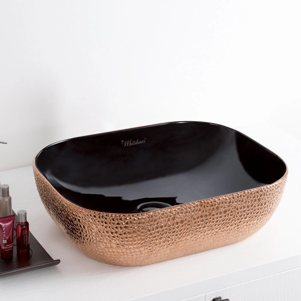 Whitehaus Isabella Plus Collection Rectangular Above Mount Basin with Embossed Exterior, Smooth Interior, Center Drain; No faucet hole; Color: Black/Rose Gold
