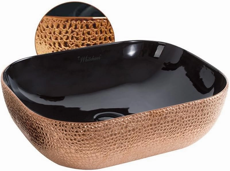 Whitehaus Isabella Plus Collection Rectangular Above Mount Basin with Embossed Exterior, Smooth Interior, Center Drain; No faucet hole; Color: Black/Rose Gold