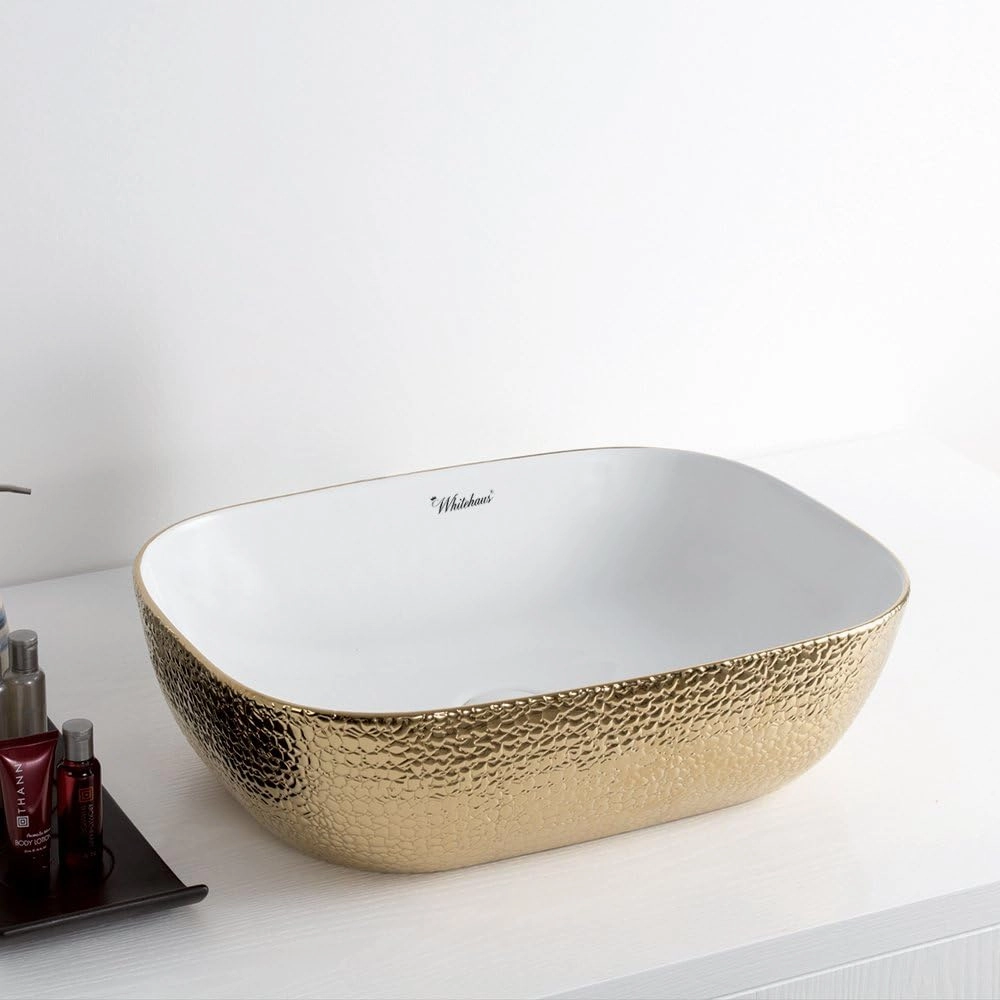 Whitehaus Isabella Plus Collection Rectangular Above Mount Basin with Embossed Exterior, Smooth Interior, Center Drain; No faucet hole; Color: White/Gold